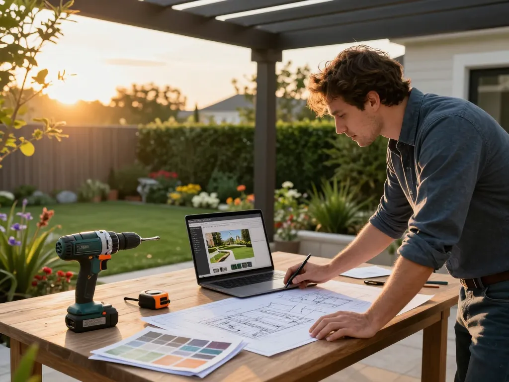 Professionista che lavora a un progetto di gestione contenuti pergole (CMS) in un giardino splendidamente paesaggistico.