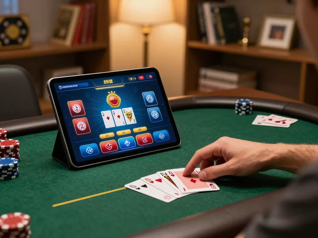 Engaging online poker gameplay on a tablet with a balanced view of one88 platform, showcasing strategy and excitement.