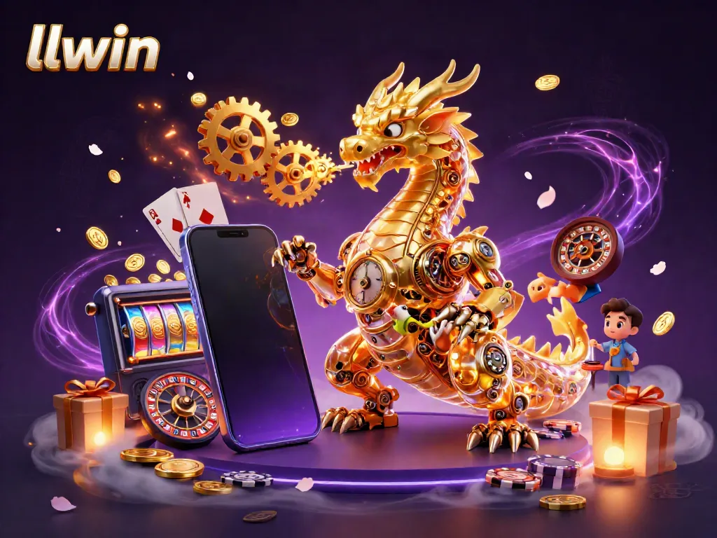 Engage with llwin’s exciting gaming world featuring a golden dragon and slot games.