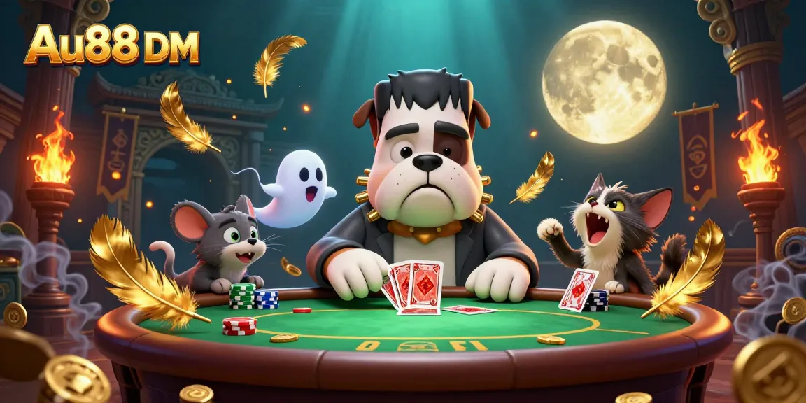 Engage with Au88 DM at a thrilling poker game featuring spooky characters and rich visual effects.