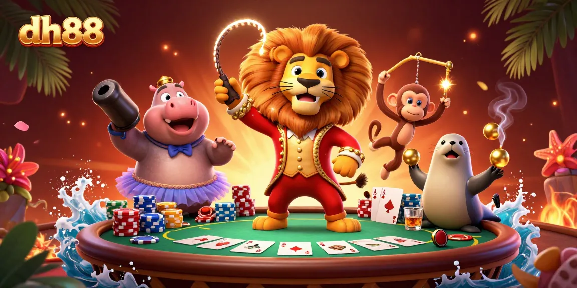 Engage in thrilling gaming action with dh88 as the colorful circus characters celebrate at the poker table.