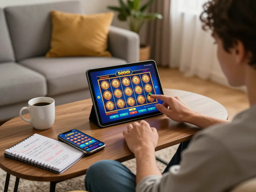 Engaging gaming session showcasing slot deposit 5000 interface on a tablet, cozy home setting.