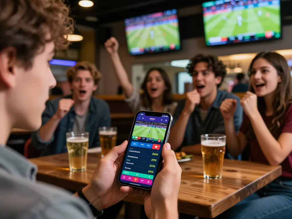 Engaging in sports betting on a mobile app at a lively sports bar, showcasing DEBET odds and team highlights.