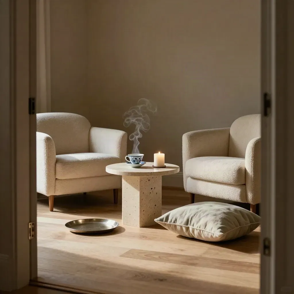 Salotto di coaching con due poltrone, tisana fumante, candela e diffusore, luce morbida.