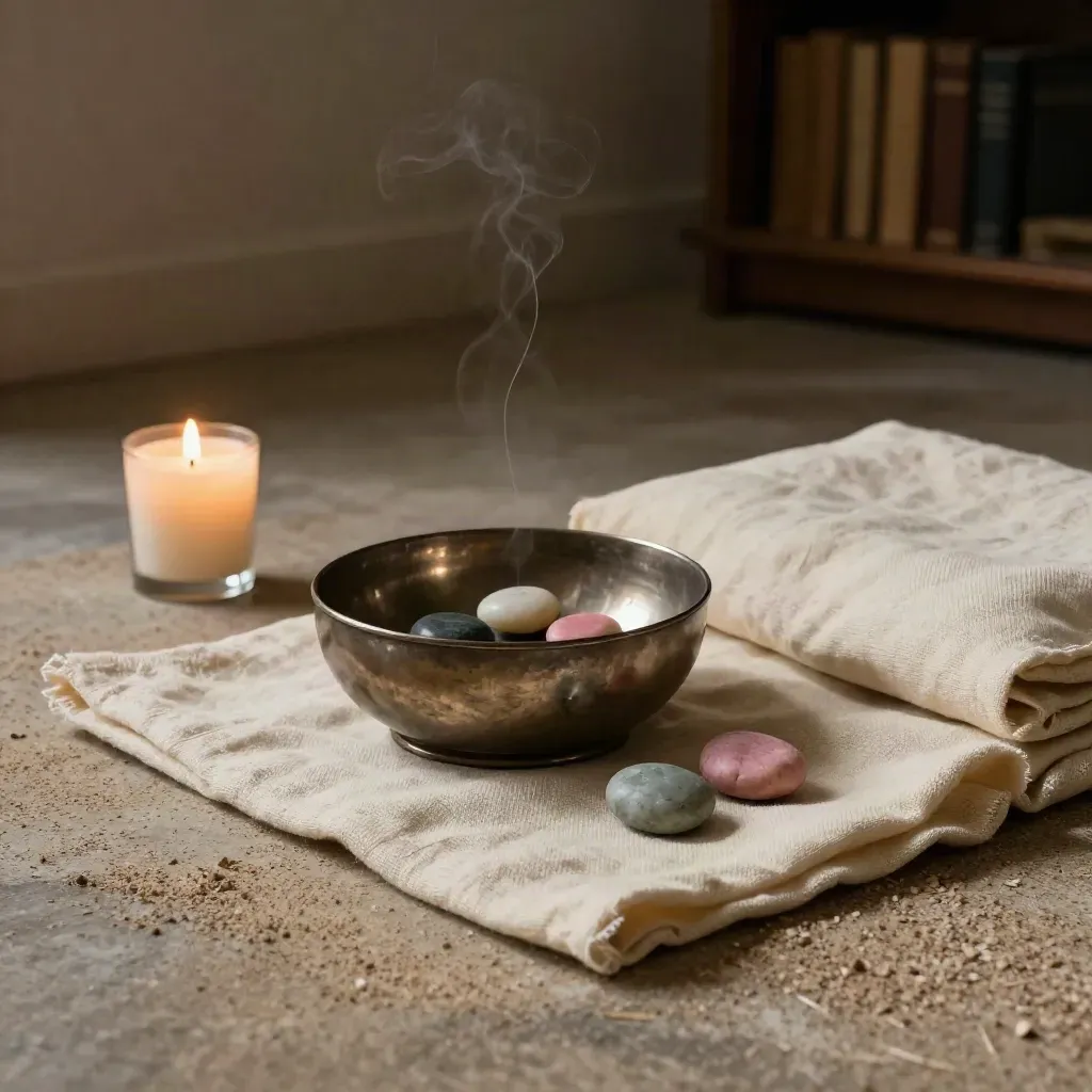 Ciotola tibetana, cuscino, candela e lino in un angolo meditativo, luce calda e fumo sottile.