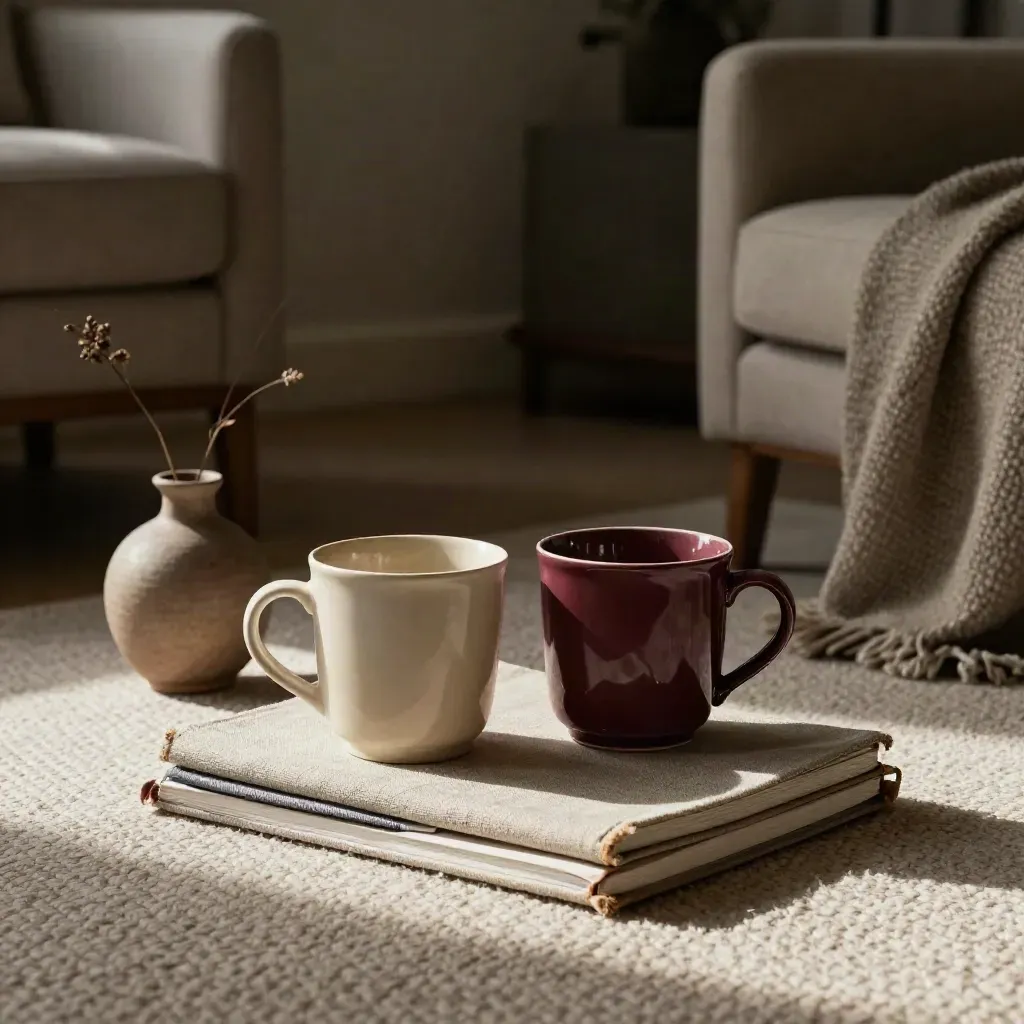 Due tazze, due quaderni chiusi, vaso basso e coperta su un tappeto, in una stanza calma.