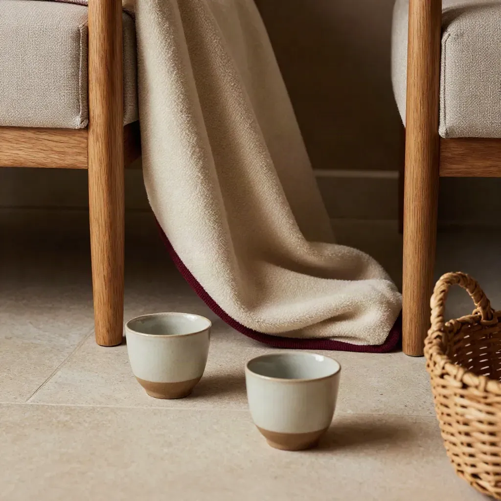 Due sedie vicine, coperte e tazze basse su pavimento chiaro, atmosfera intima e trattenuta.