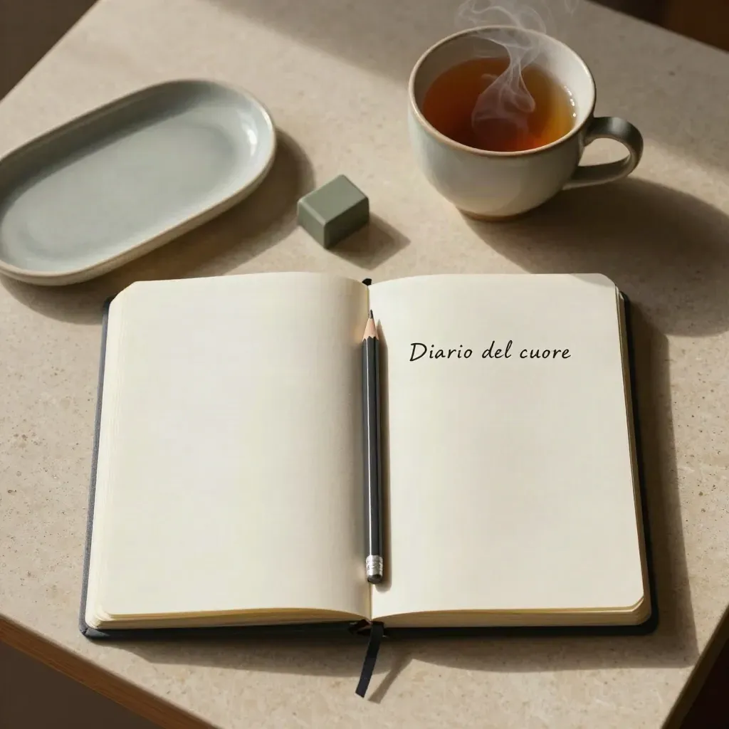 Quaderno aperto, tazza di tè, matita e fermacarte su travertino chiaro.