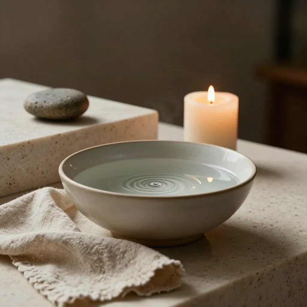 Ciotola in ceramica con acqua tremante, candela bassa, lino e pietra su fondo chiaro.