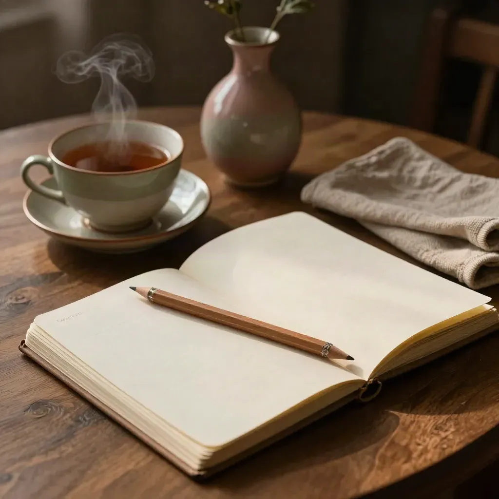 Quaderno aperto, matita, tè fumante, panno piegato e vaso in ceramica su tavolo caldo.