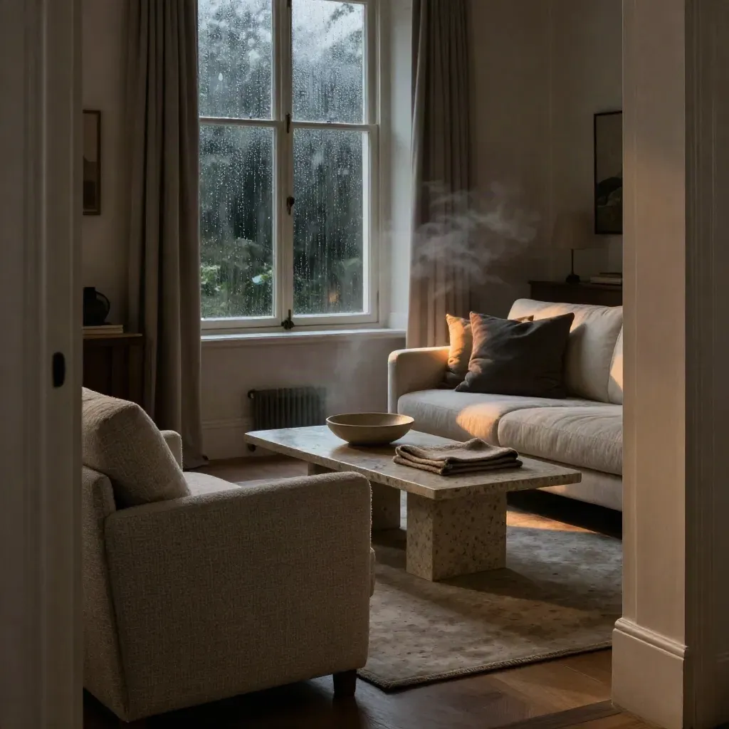 Salotto elegante con due poltrone, tavolino basso, coperta piegata e finestra notturna bagnata dalla pioggia.