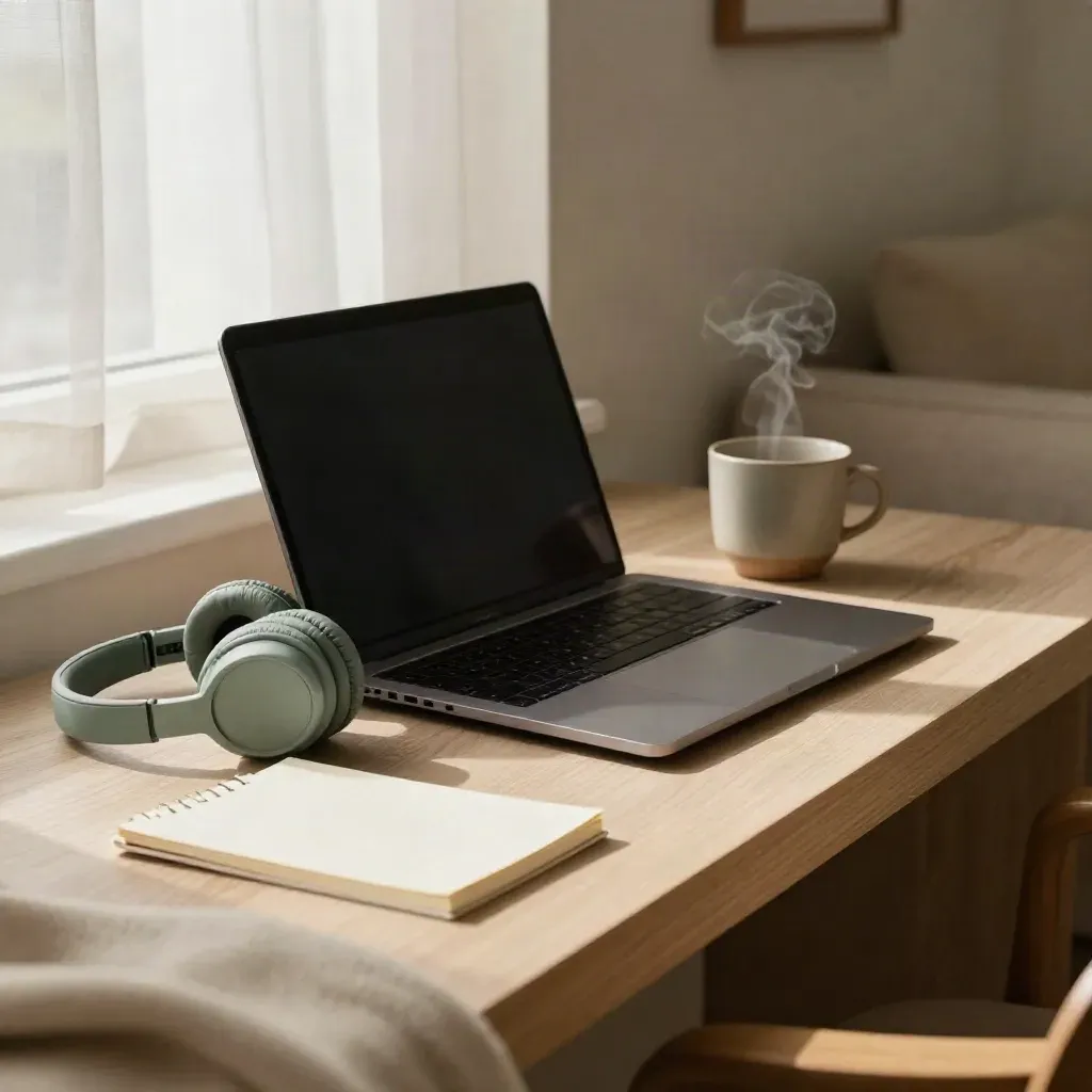 Postazione per consulenze online con laptop, cuffie, tazza e blocco note su mensola luminosa.