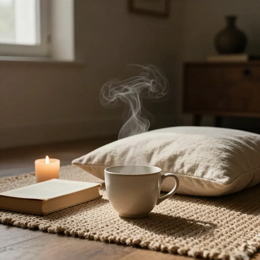 Angolo mindfulness con tazza fumante, candela accesa, cuscino basso e libro chiuso sul pavimento.