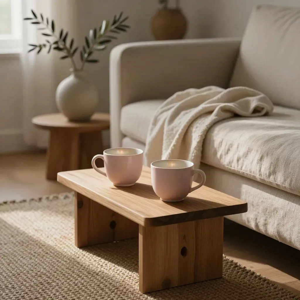 Due tazze su tavolino accanto al divano chiaro con coperta morbida e vaso basso