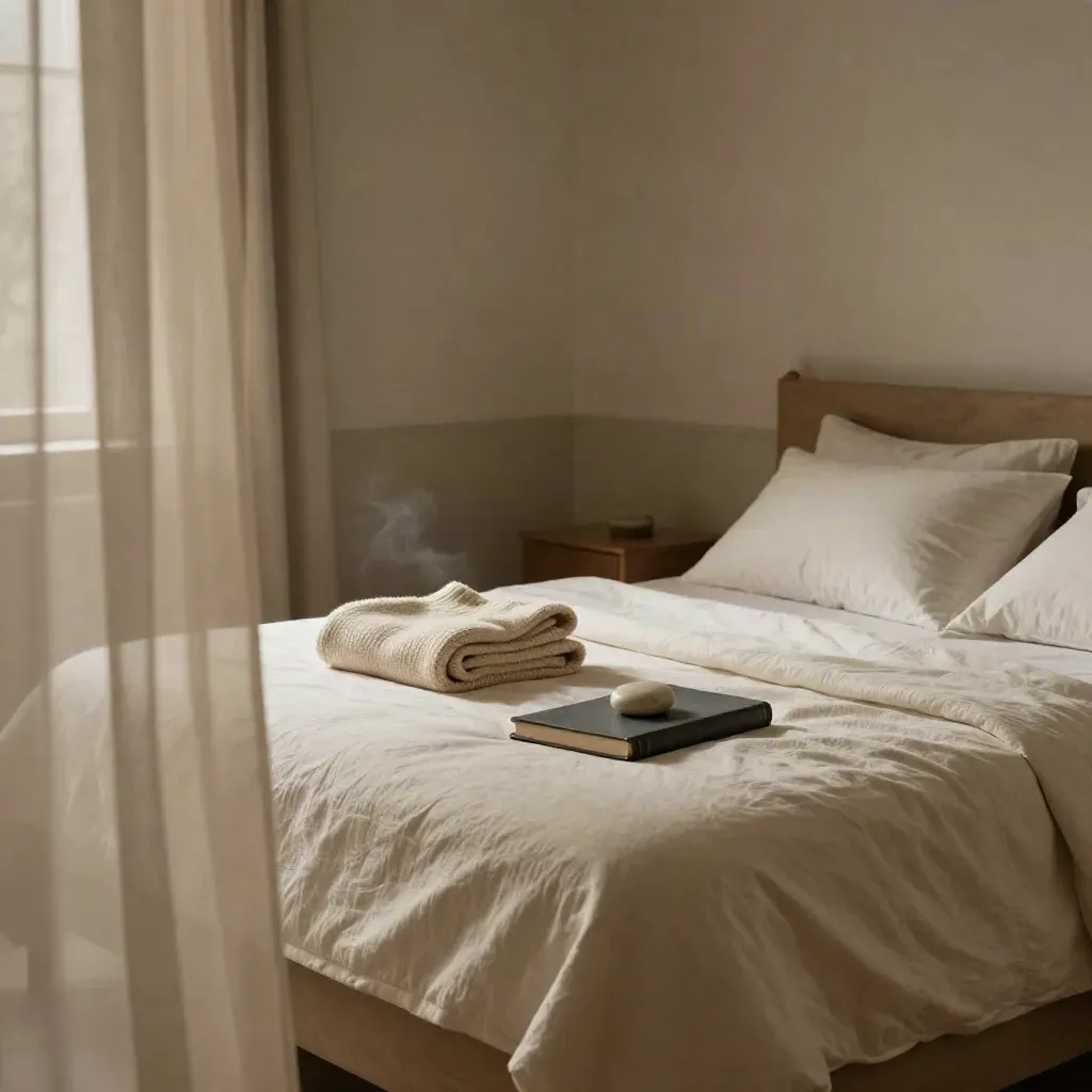 Letto rifatto con maglione piegato, diario chiuso e tenda cremosa in movimento.