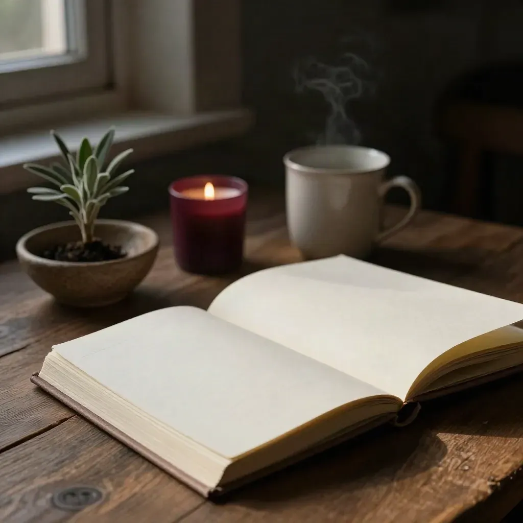 Angolo serale con diario aperto, candela, tazza, ciotola e piantina in luce calda.
