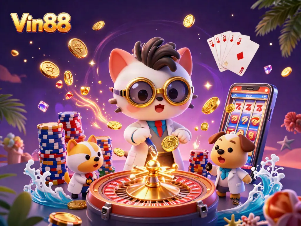 Spin and win at Vin88 with a dynamic 3D illustration showcasing characters creating gold coins in an exciting casino atmosphere.