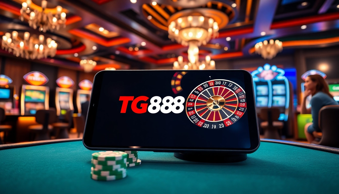Experience the excitement of TG88 in a vibrant casino setting with tables and slot machines.