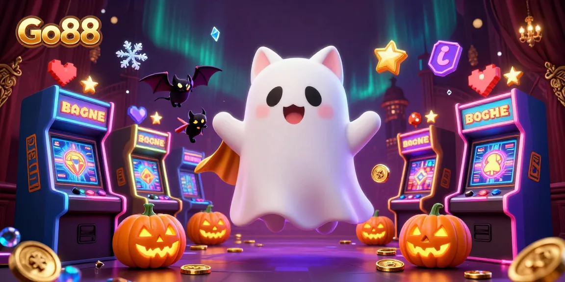 Engage with Go88's haunted casino experience featuring a ghost cat and vibrant game elements.