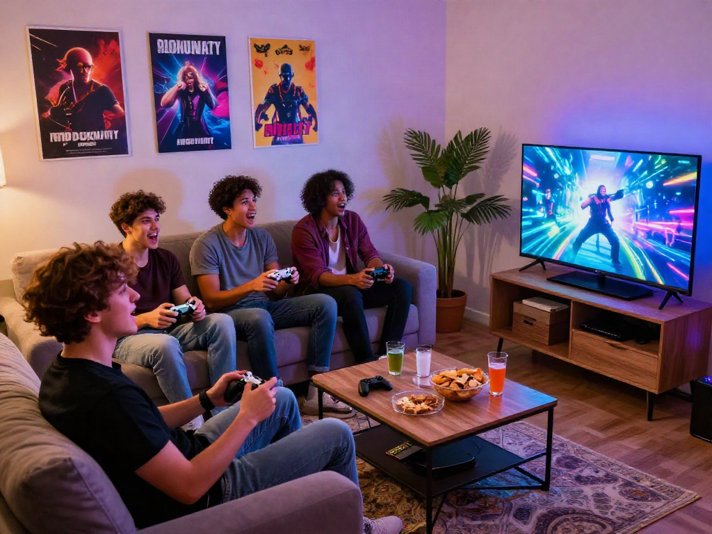 Friends enjoying a competitive gaming night with porn games in a cozy living room.