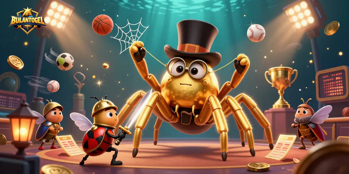 BULANTOGEL spins a captivating tale with a 3D golden tarantula and knight battling amidst dynamic sports elements.