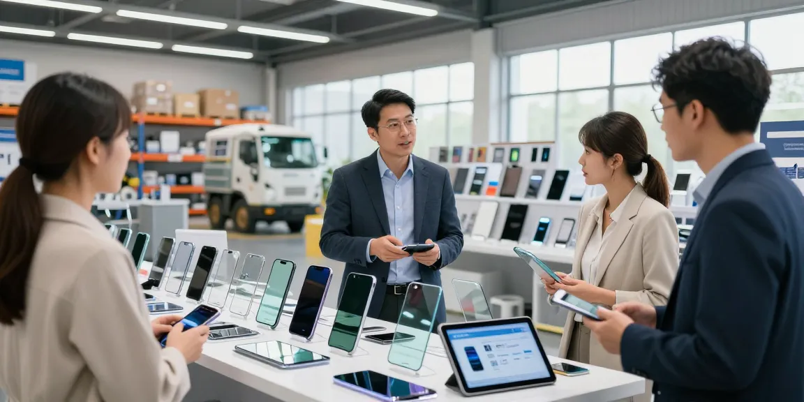 Mobile Tempered Glass Wholesale trade meeting showing products and client engagement in a modern warehouse.