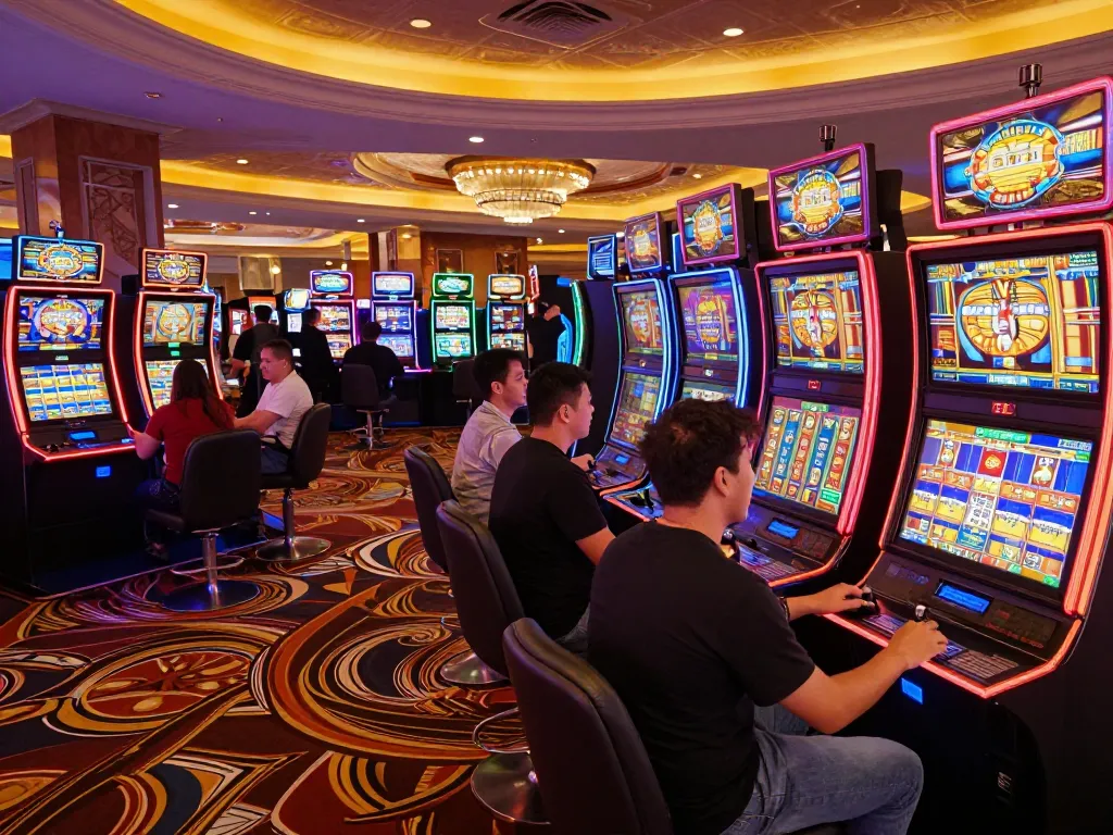 Players engaging with slot machines at SLOT777 casino, displaying excitement and vibrant atmosphere.