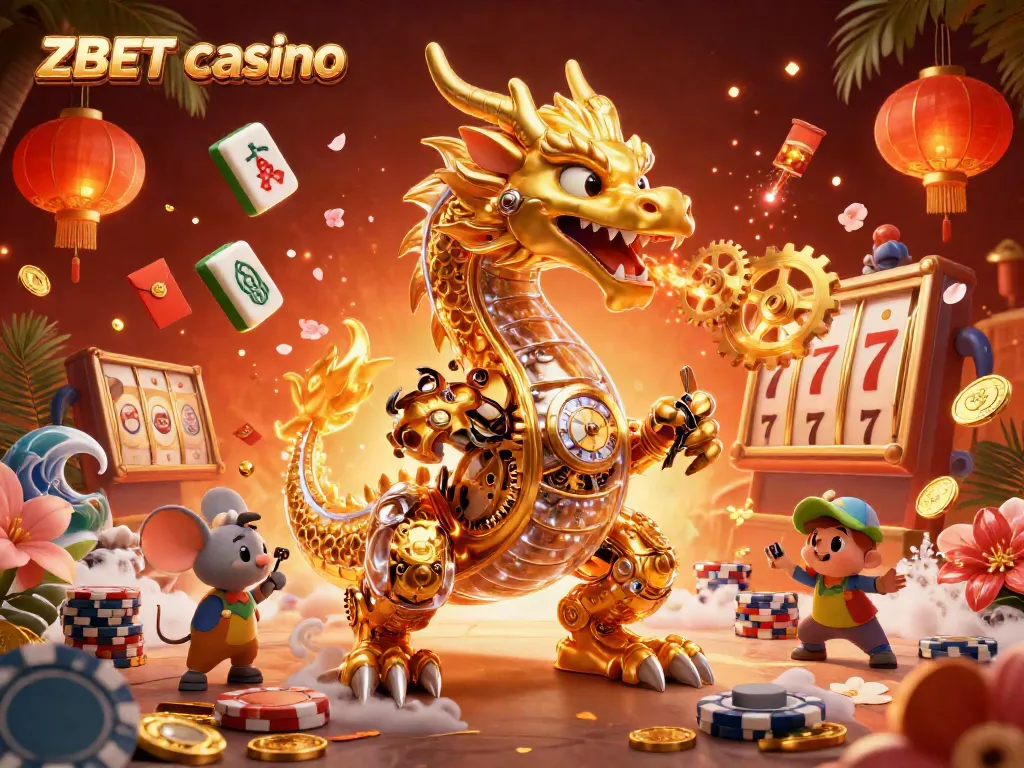 Experience the excitement of ZBET casino with a biomechanical dragon and rich casino elements.