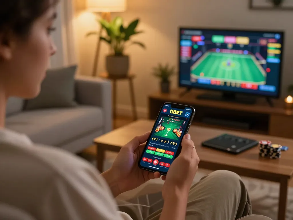 Engaged user placing a bet on the 11BET mobile app in a cozy home setting with strategic focus