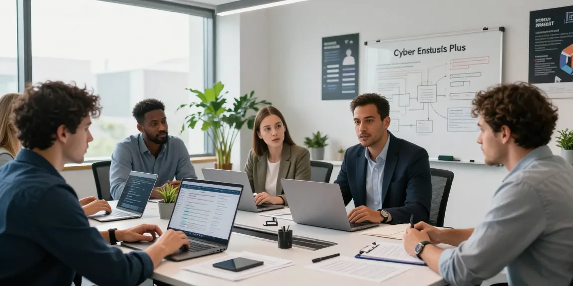 Team discussing cyber essentials plus certification in a modern office setting.