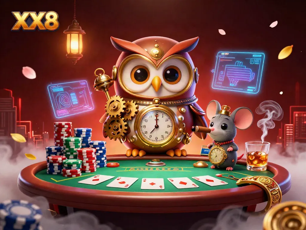 Experience the excitement of XX8 with a whimsical steampunk casino scene featuring a time-traveler owl and a clockwork mouse.