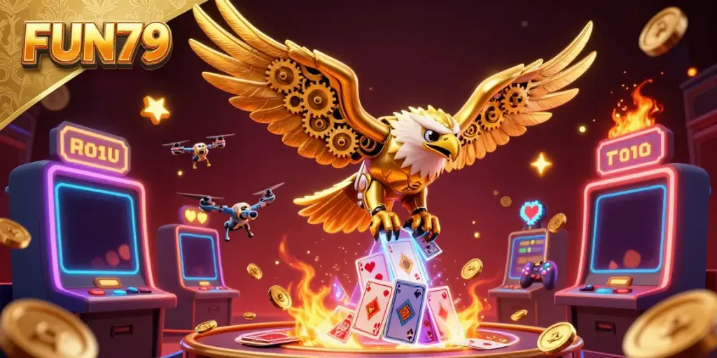 Experience FUN79's thrilling casino atmosphere with a cybernetic eagle soaring through vibrant slot machines.