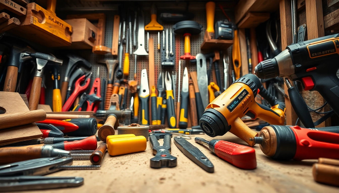 Selezione di utensili essenziali per la costruzione (utensili edilizia) esposti in un'area di lavoro professionale.