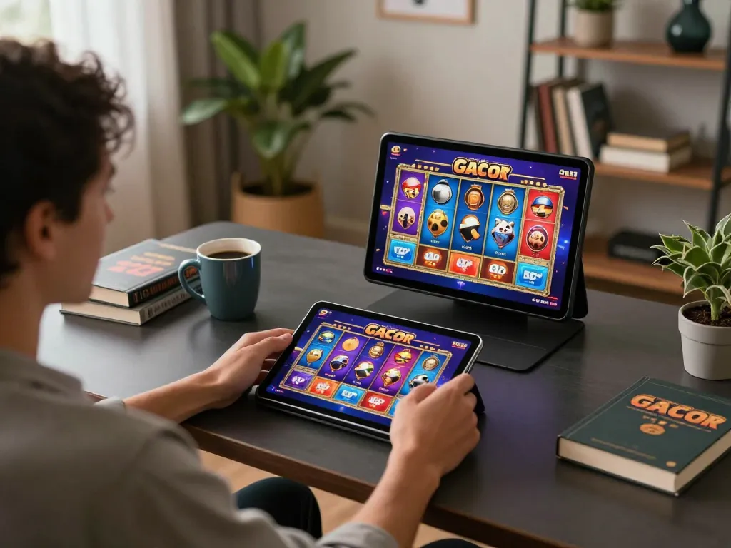 Permainan menarik Slot Gacor di tablet selama sesi permainan santai di rumah, dengan buku strategi di dekatnya.