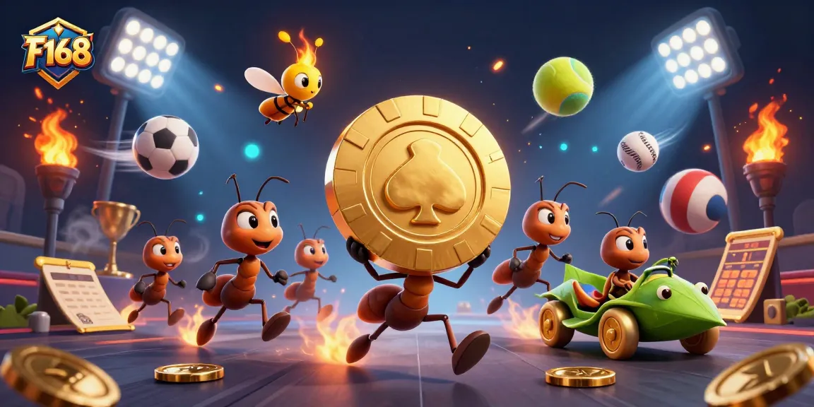 F168 ants transport a giant poker chip in a vibrant 3D illustration, amidst dynamic sports elements.