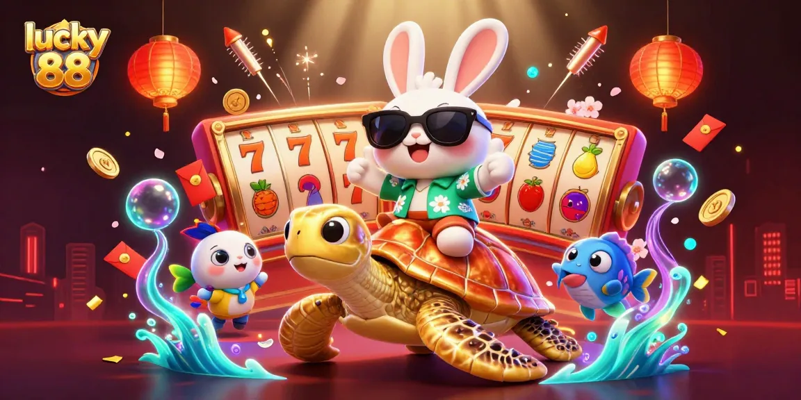 Engage with lucky 88 by enjoying vibrant casino adventures alongside a lucky rabbit and golden sea turtle.