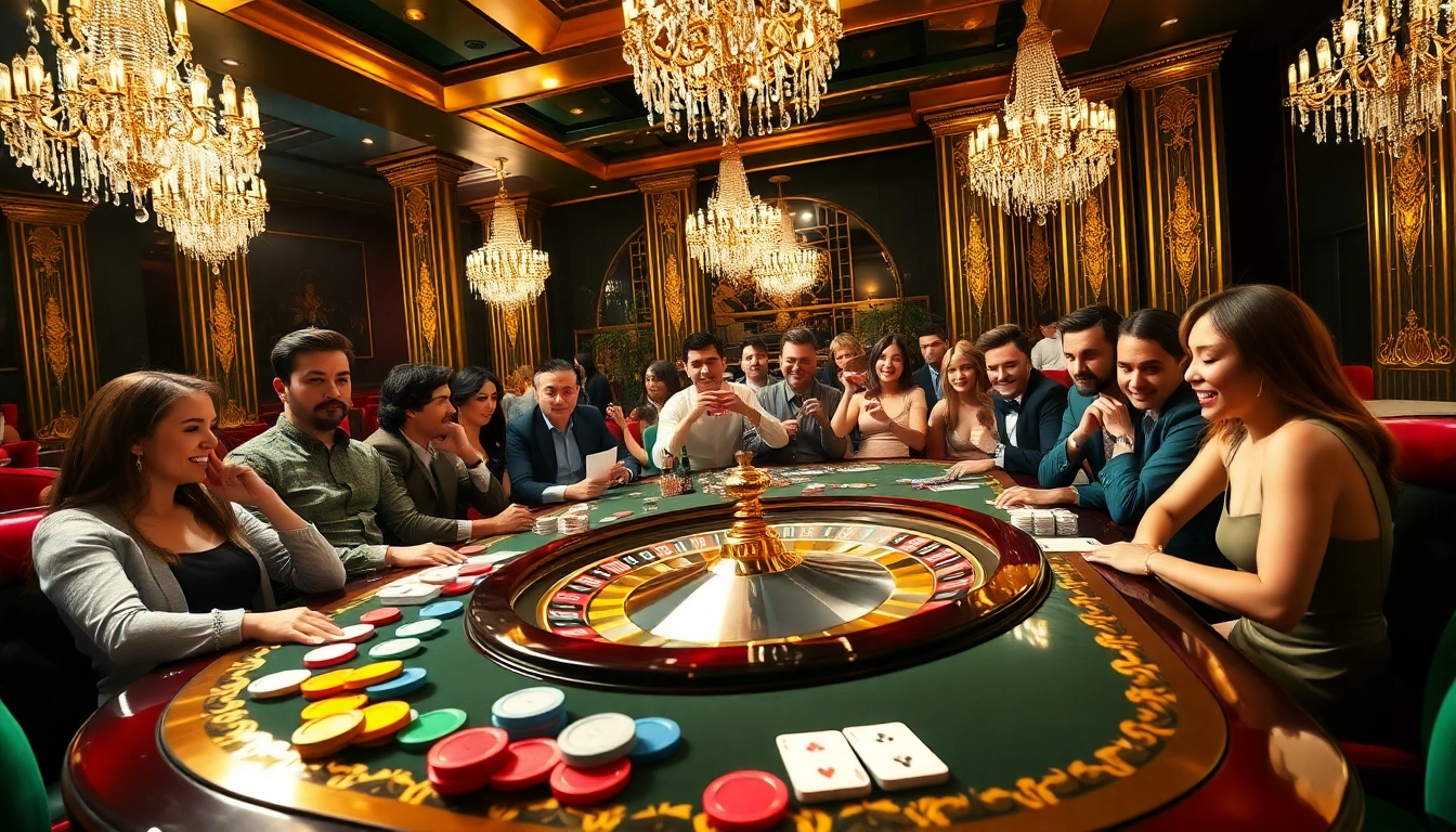 Players engage in a thrilling poker game at 33WIN casino, surrounded by vibrant atmosphere and excitement.