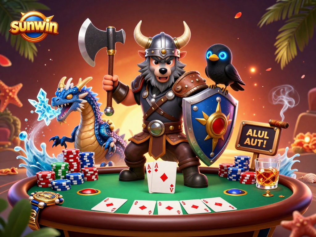 Experience sunwin's dynamic gaming action with a Viking warrior, dragon, and poker elements!