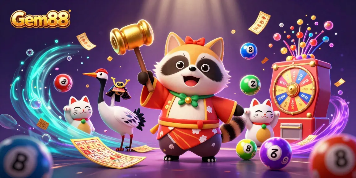 Experience Gem88 with vibrant gaming visuals and lottery excitement in this lively digital illustration.