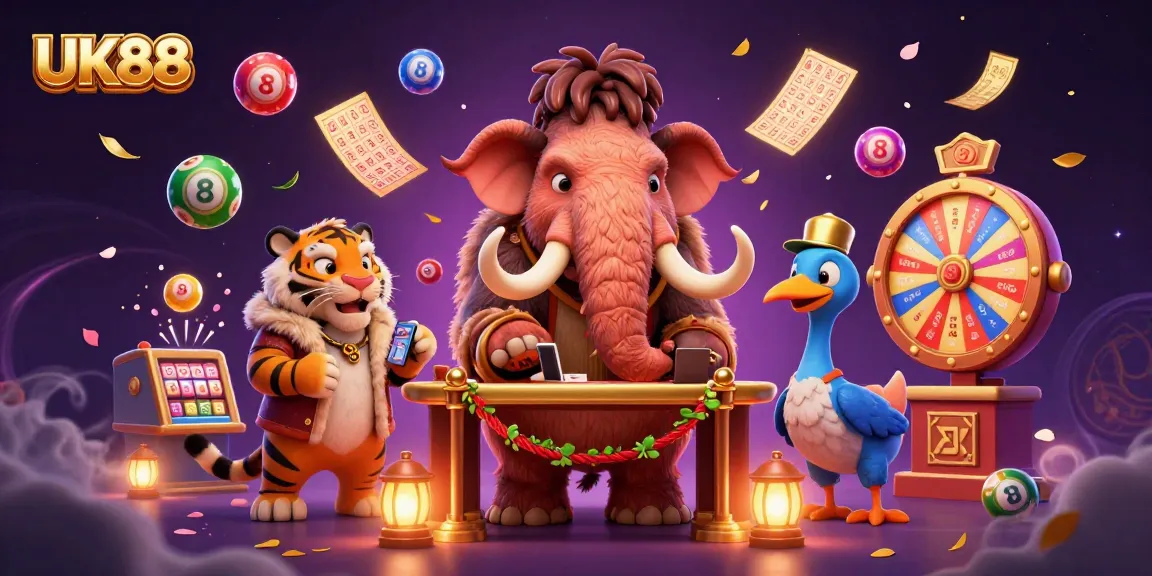 Spin to win with UK88's vibrant casino scene featuring dynamic lottery elements and playful characters.