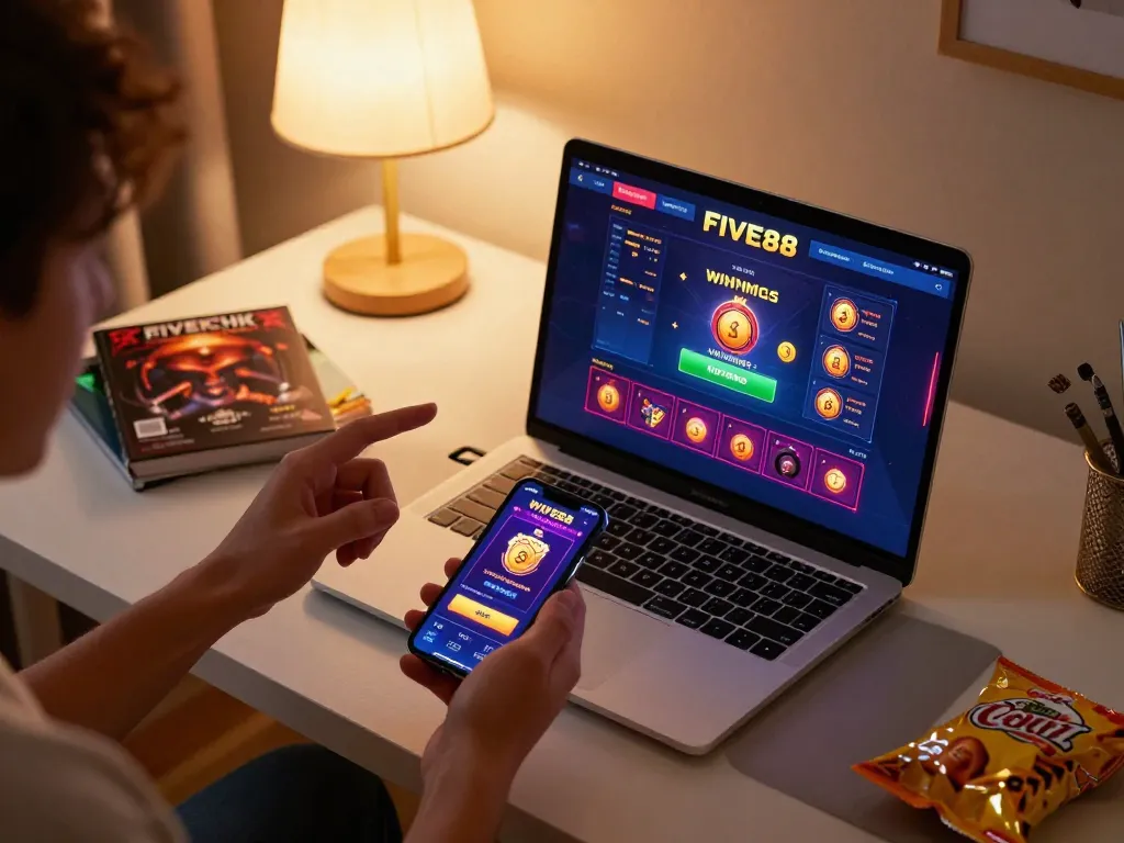 Engaging gameplay at FIVE88 casino online with a laptop and smartphone in a cozy gaming setting.