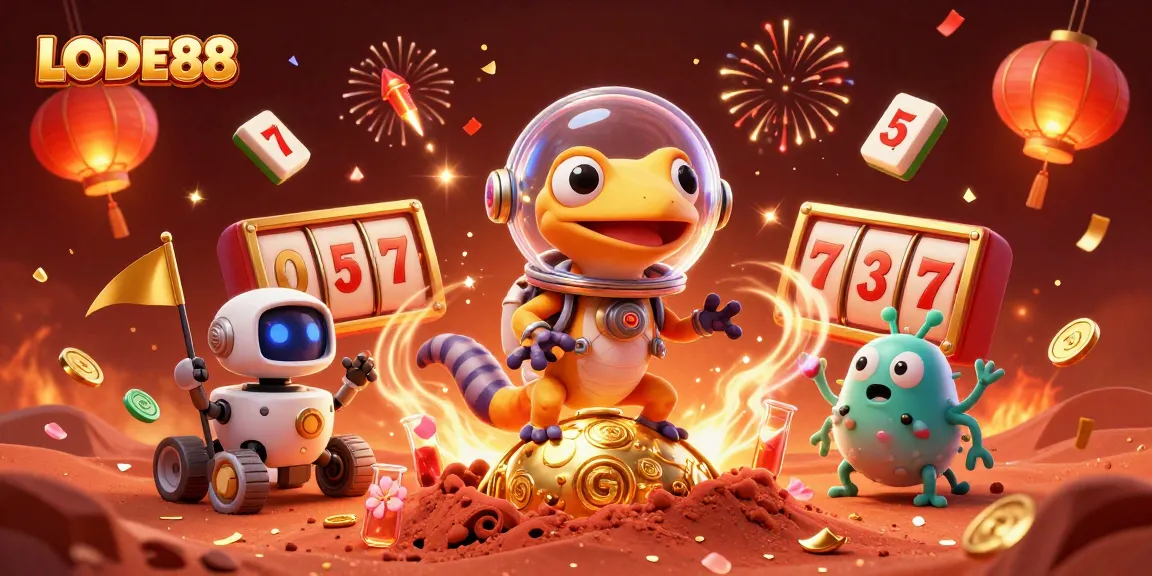 Experience the excitement of LODE88 with a golden casino on Mars in a vibrant, engaging scene.