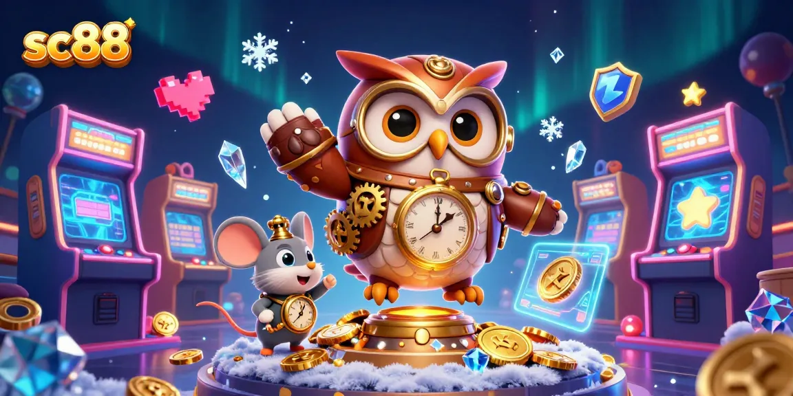 Experience thrilling gameplay at sc88 with a time-traveler owl and vibrant slot machines in a dynamic casino setting.