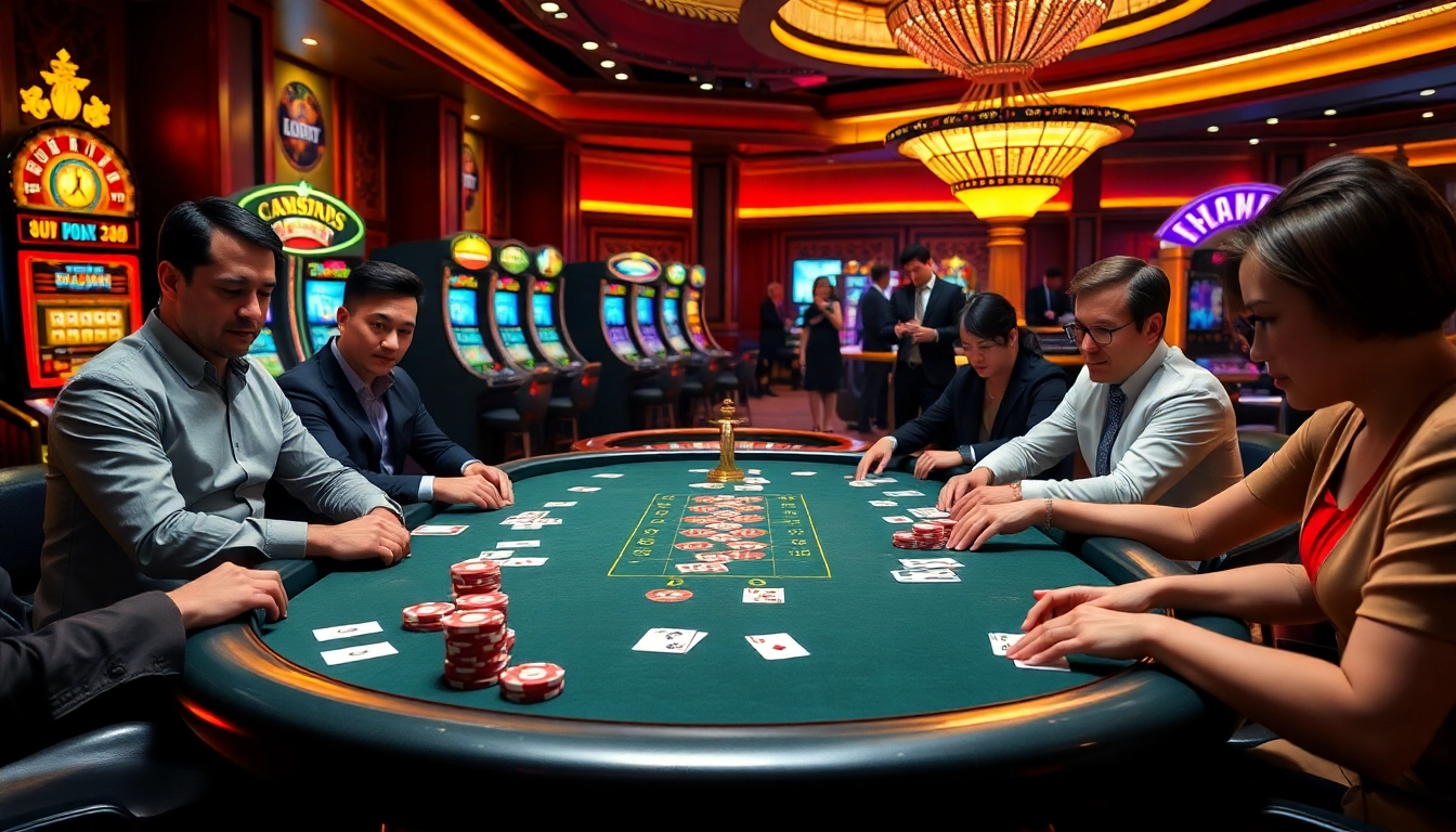 Engaging poker players highlight the essence of Nhà cái uy tín in a luxurious casino setting.