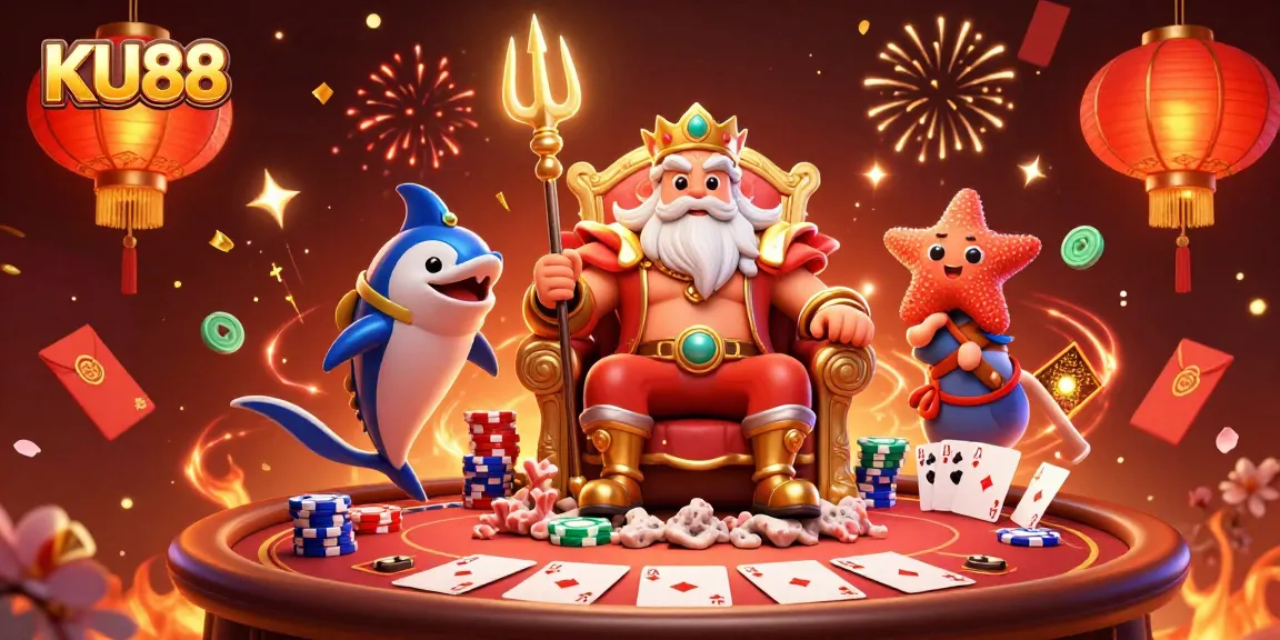 Experience thrilling games at KU88 with poker tables and festive elements in a vibrant casino scene.