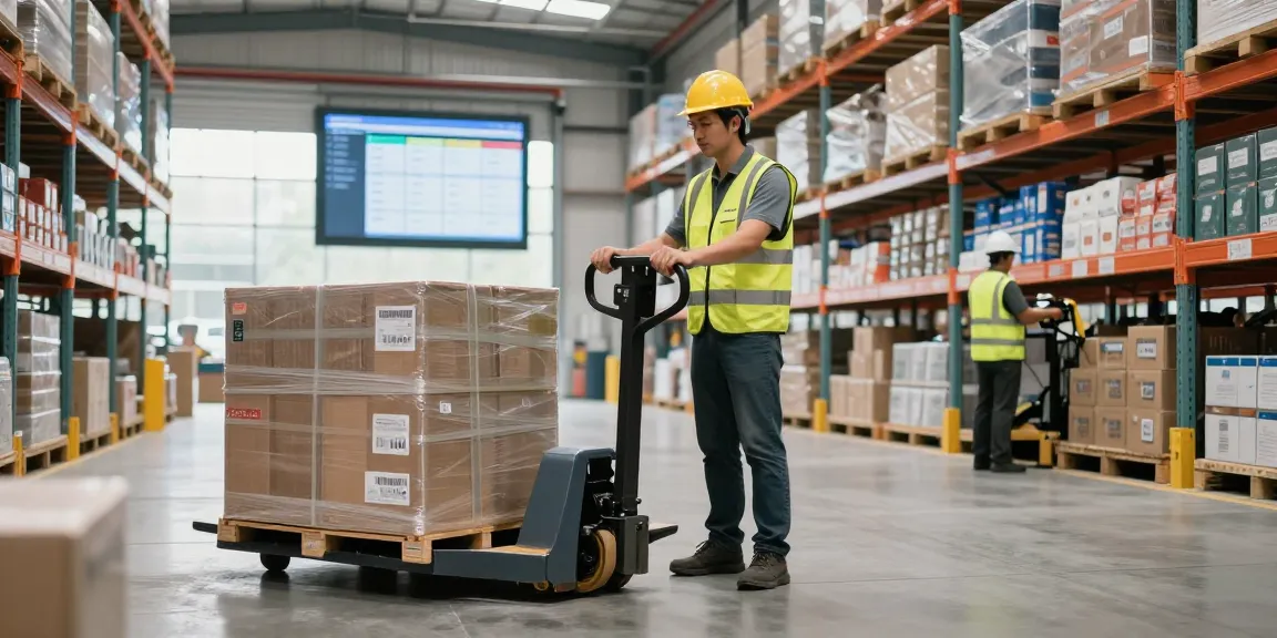 Efficient operator using an electric pallet jack in a modern warehouse setting.