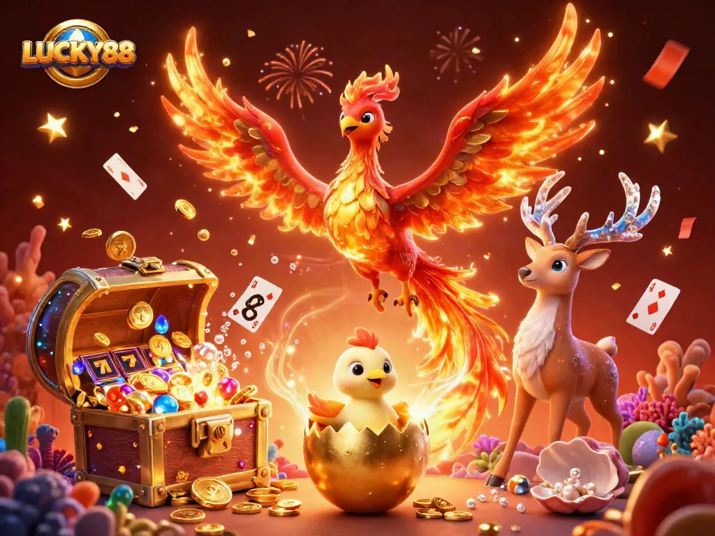 Experience thrilling wins with LUCKY88 while enjoying the vibrant phoenix and casino elements in a dynamic scene.
