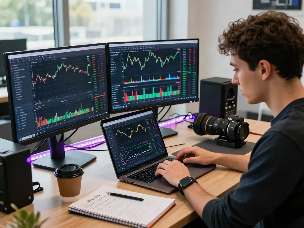 MEXC referral code displayed on trading screens in a dynamic workspace with market analysis.