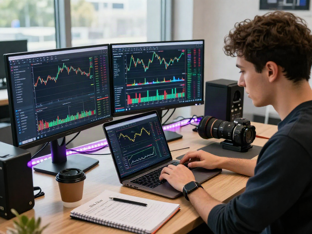 MEXC referral code displayed on trading screens in a dynamic workspace with market analysis.