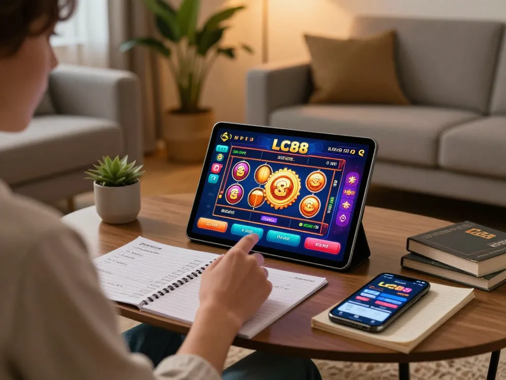 Engaging with the LC88 link on tablet in a cozy home, playing live slot games